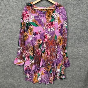 Roaman's Size 26W Tunic Shirt Purple Floral Paisley Vibrant V Neck Long Sleeves
